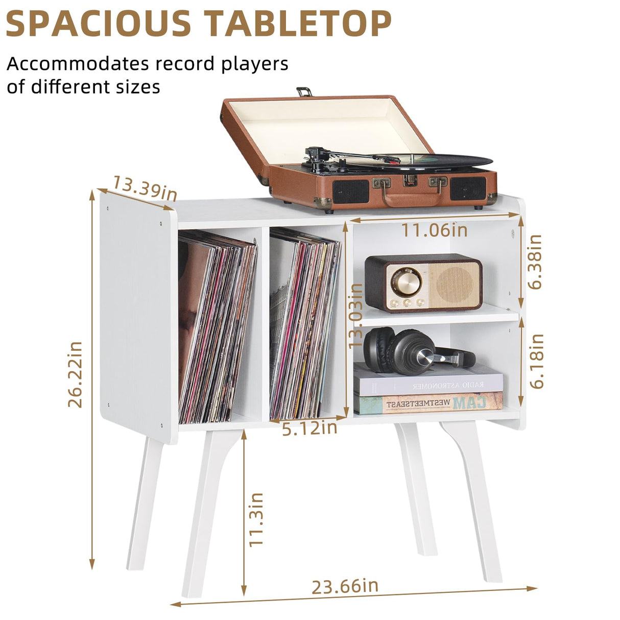 LELELINKY Record Player Stand,Vinyl Record Storage Table with 4 Cabinet Up to 120 Albums,Mid-Century Turntable Stand with Wood Legs,White Vinyl Holder Display Shelf for Bedroom Living Room LELELINKY