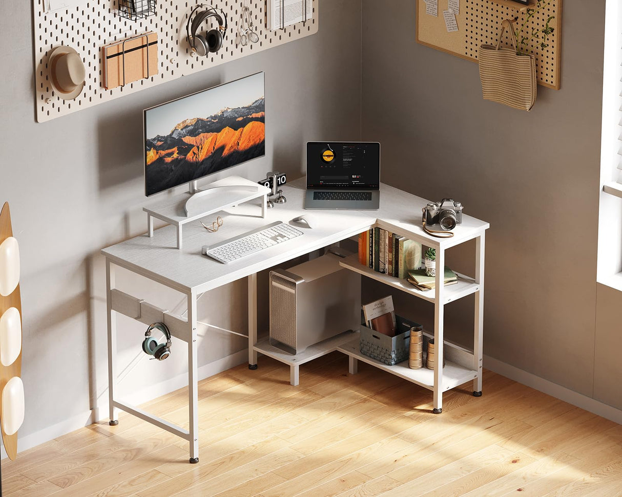 ODK 47 Inch Small L Shaped Computer Desk with Reversible Storage Shelves, L-Shaped Corner Desk with Monitor Stand for Small Space, Modern Simple Writing Table for Home Office Workstation, White ODK