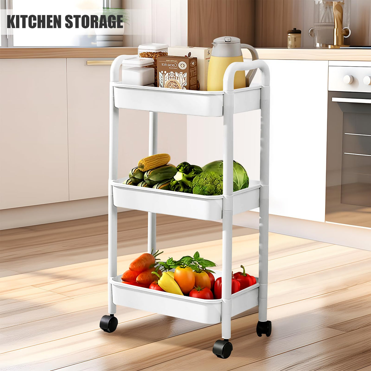 3 Tier Utility Rolling Cart with Handle, Multifunctional Storage Organizer Rolling Carts with Wheels for Bathroom Office Living Room (White) QPEY