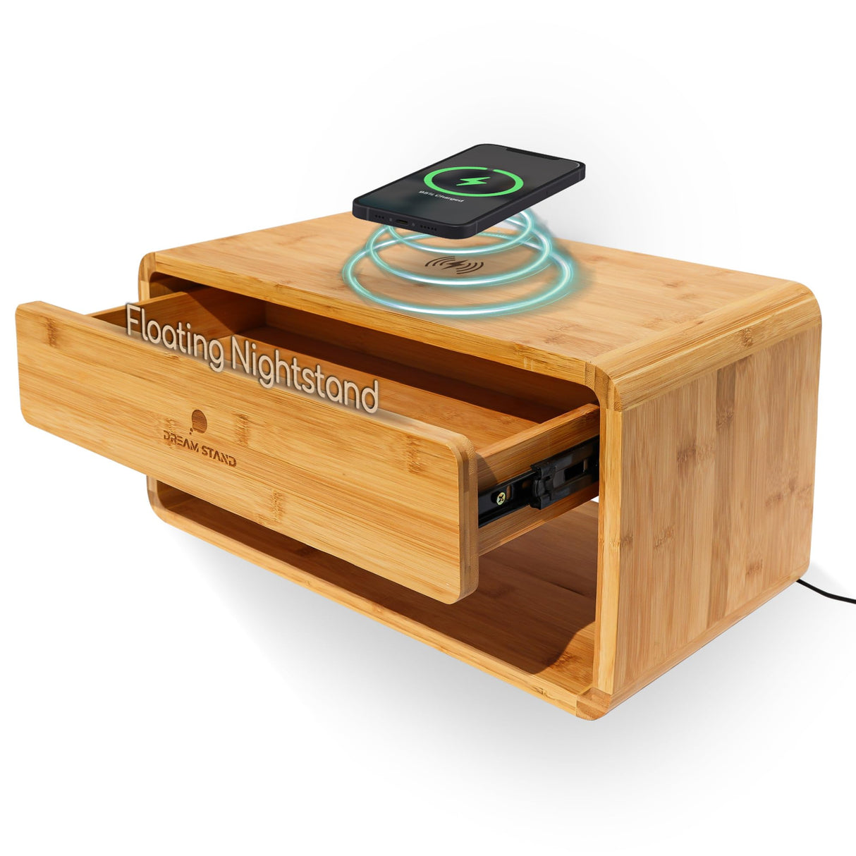 Floating Nightstand with Drawer & Charging station/Wall Mounted Bedside Table, Floating Shelf Nightstands for Small Spaces/Modern Bamboo Wall Mounted Night stand for Bedroom & Living Room/Easy Install Generic