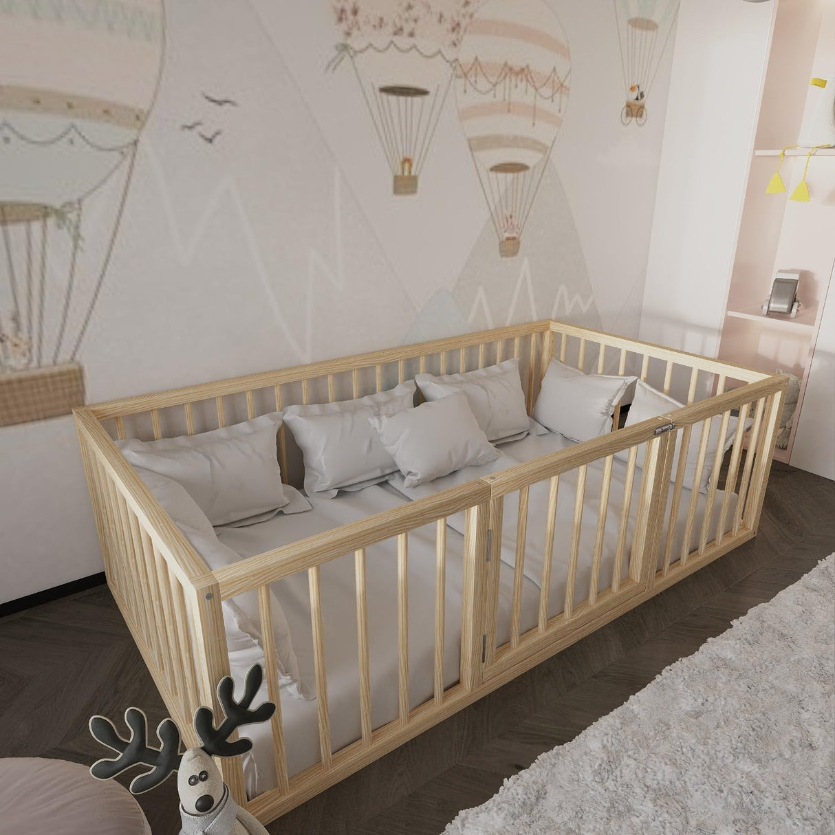 Montessori Floor Bed with Door for Toddler 39.4'' x 75.2'' Twin Size | Pine Wood Natural Solid Frame Bed Door in the Middle | Sturdy Design Floor Bed Frame Boy and Girls (Twin, Height : 23.6 Inches) wood and montessori