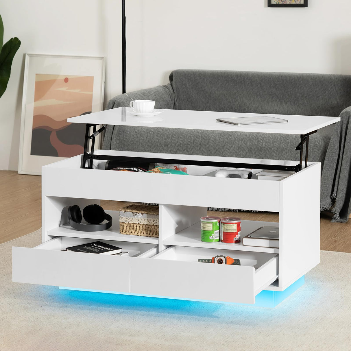 Lift Top Coffee Table with LED Light Morden Coffee Table with Storage High Gloss White Coffee Table for Living Room Tea Table with Storage Center Tables Hidden Compartment &2 Open Shelve &2 Drawers HOMMPA