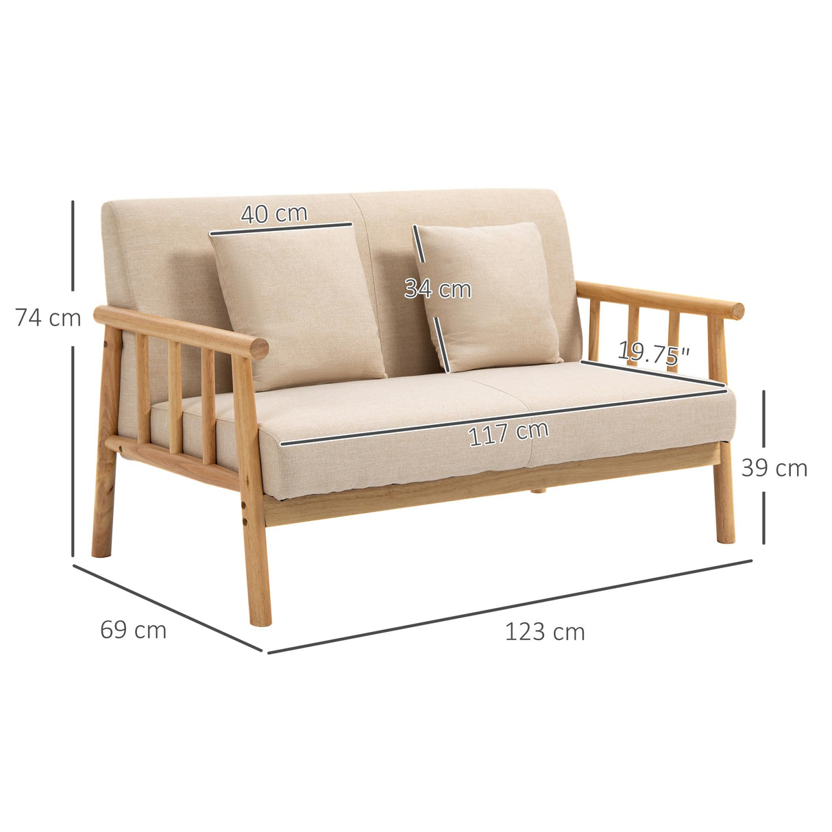 HOMCOM 48" 2-Seater Couch for Small Spaces, Modern Loveseat Sofa for Bedroom, Living Room Furniture, Upholstered Small Couch with Throw Pillow and Wood Legs, Beige HOMCOM