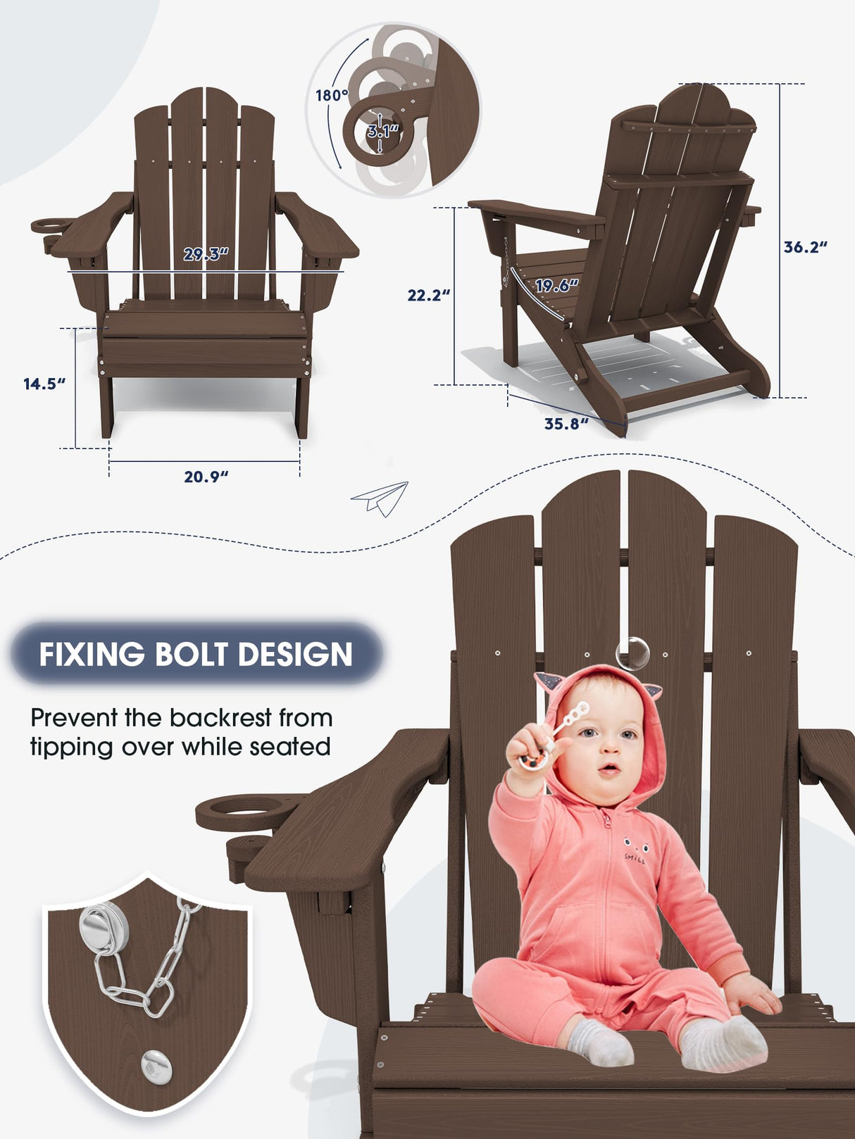 KINGYES Adjustable Folding Adirondack Chair, HDPE Reclining Adirondack Chair with Cup Holder, All Weather Resistance Embossing Oversize Adirondack Outdoor Chair, Brown KINGYES