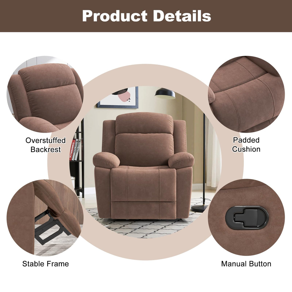 HAOMARKETS Rocker Recliner Chair for Adults, Manual Recliner Chair with Overstuffed Backrest and Armrests, Upholstered Rocking Reclining Sofa Chair for Living Room, Grey HAOMARKETS