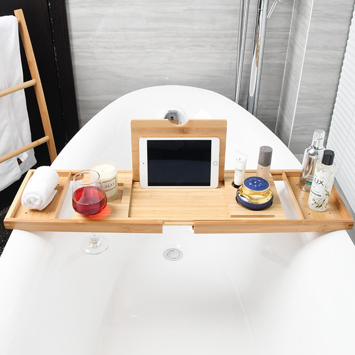 Hcirjhie Wood Foldable Bathtub Tray Caddy Bamboo Bathtub Tray Expandable, Bath Tub Table Caddy with Extending Sides - Bathtub Accessories for Women Hcirjhie