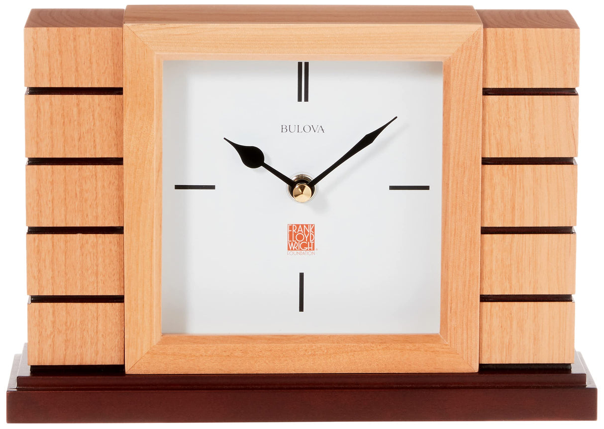 Bulova B1659 Usonian II Frank Lloyd Wright Mantel Clock, Natural Finish with Walnut Stain Base Bulova