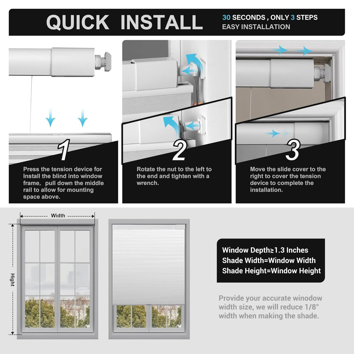 Boolegon No Drill No Tools Cellular Shades Top Down Bottom Up Honeycomb Blinds Blackout Cordless Window Blinds Easy to Install Cellular Shade for Windows,Blackout-White,Custom Size Boolegon