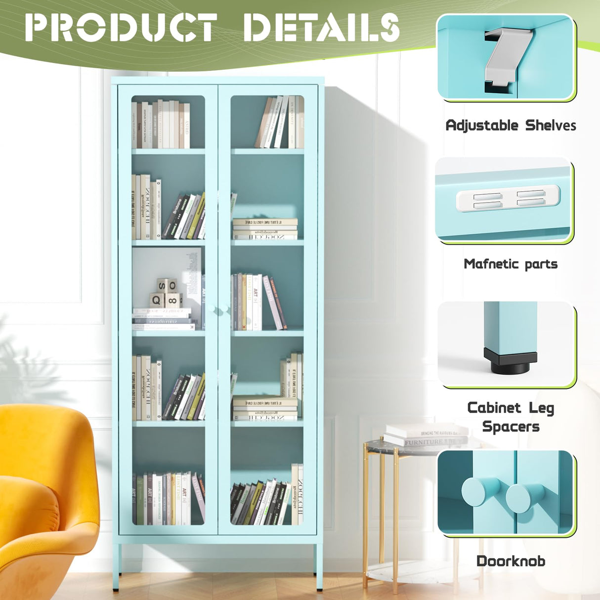 Crownland Metal Storage Cabinet with Glass Doors, Display Curio Glass Cabinet with 4 Adjustable Shelves, Tall Modern Office Storage Cabinets for Home Office, Living Room, Pantry(Light Blue) Crownland