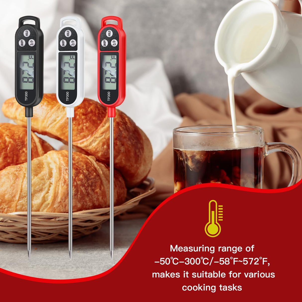 Copkim 6 Pcs Instant Read Meat Thermometer with Long Probe 9.65 Inch Kitchen Cooking Food Candy Waterproof Digital Thermometer for BBQ Water Milk Yogurt Liquid Cooking(Black, White, Red) Copkim