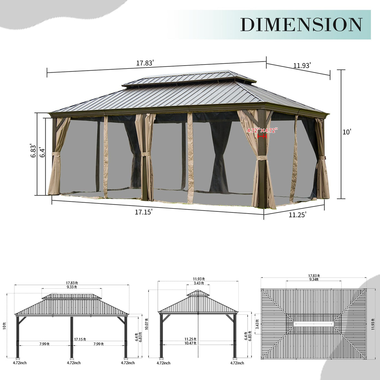 Domi Outdoor Living 12’ X 18’ Hardtop Gazebo, Outdoor Aluminum Frame Canopy with Galvanized Steel Double Roof, Outdoor Permanent Metal Pavilion with Curtains and Netting for Patio, Backyard and Lawn domi outdoor living