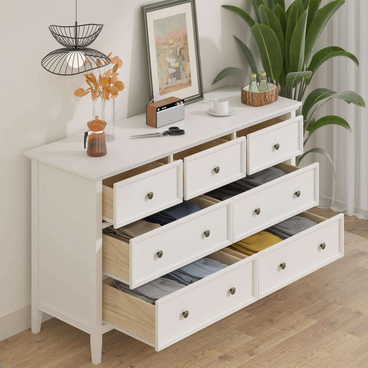 IKENO White 7 Drawer Dresser for Bedroom, Modern Solid Wood Large Storage Cabinet, Simple White Chest of Drawer for Bedroom Living Room Hallway Entryway (White) IKENO