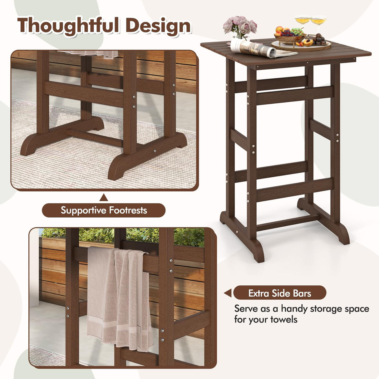 Giantex 42" Height Outdoor Tall Bar Table, HDPE Square Pub Tables with Wood Grains, High Top, Cocktail Bistro Table for Adirondack Chairs, Patio, Garden, Poolside, Yard, Balcony, Brown Giantex