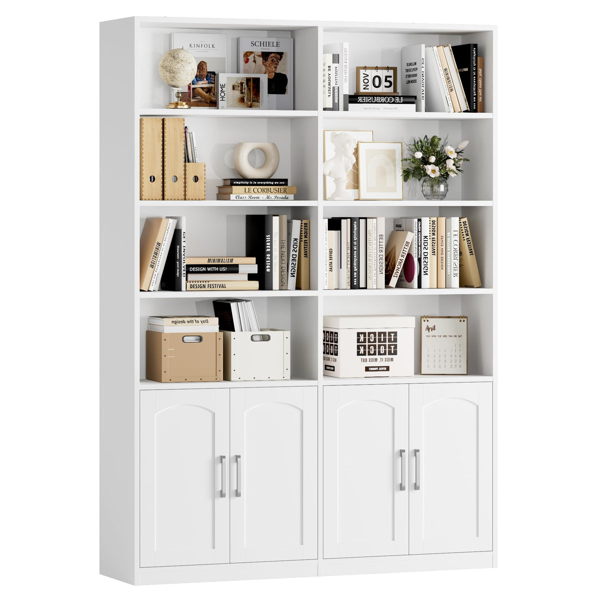 FACBOTALL Bookshelf and Bookcase with Doors, 6 Tier Double Wide Large Bookshelves, Open Display Shelves, 73'' Tall Bookshelf with Storage Cabinets for Home Office, Living Room, Library, White FACBOTALL