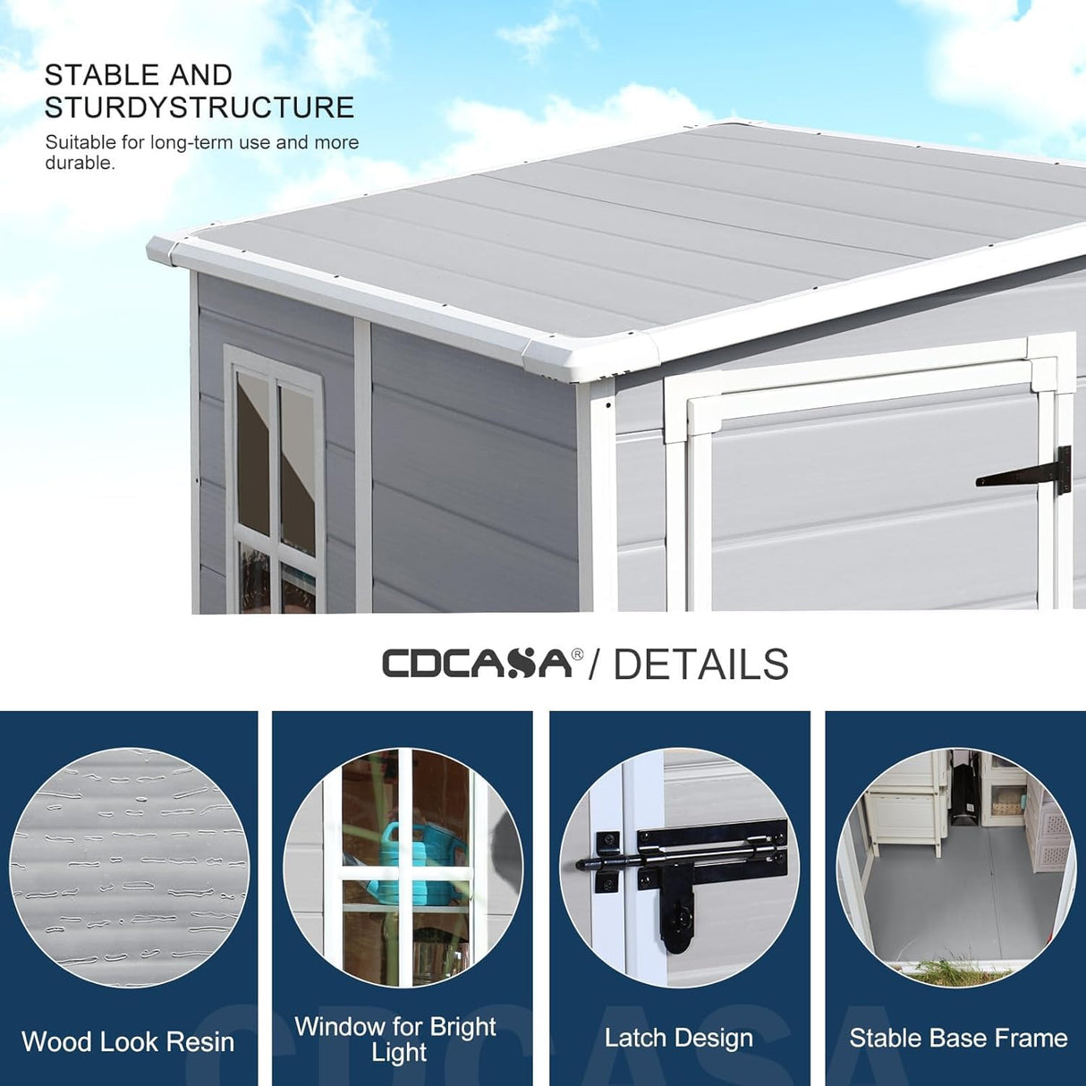 CDCASA 5x4 FT Resin Storage Shed, Waterproof Sheds & Outdoor Storage with Floor & Window & Lockable Door, Tool Shed for Garden, Patio, Backyard, Light Grey CDCASA