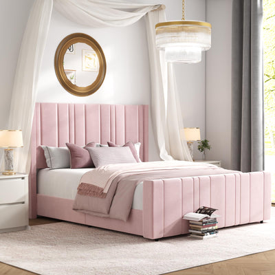 HOMBCK Full Size Bed Frame, Pink Bed Frame Full with Vertical Channel Tufted Headboard, Soft Bed Frame, Velvet Upholstered Bed Frame with 22" Footboard, Mattress Foundation, Easy Assembly, Pink