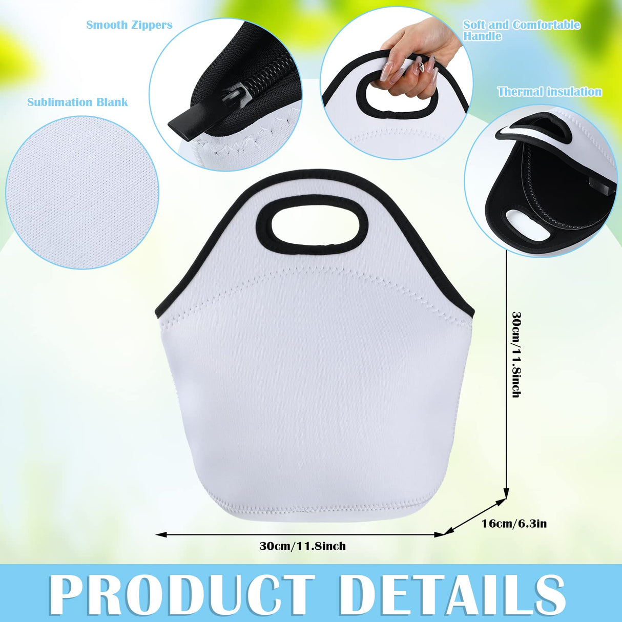 Sumind 12 Pcs Sublimation Blank Neoprene Lunch Bags DIY Reusable Lunch Box Thermal Insulated Pouch Foldable Food Carry Case Handbags Tote with Zipper for Women Adults Work Outdoor(White) Sumind