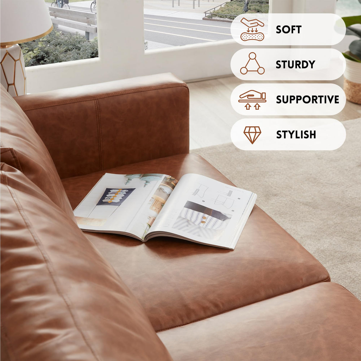 Kingfun 65" Loveseat Sofa, Love Seat, Faux Leather Sofa, Mid Century Modern Couch with Solid Wood Frame for Living Room & Bedroom, Brown Kingfun