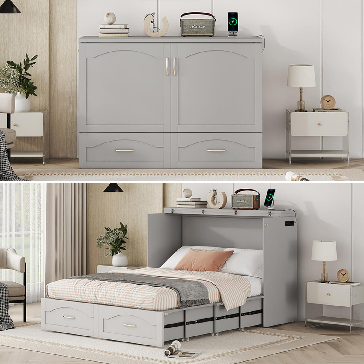 MERITLINE Full Size Murphy Bed Wall Bed with Storage Drawer and a Set of Sockets & USB Ports, Space-Saving for Multipurpose Guest Room or Home Office, Gray MERITLINE