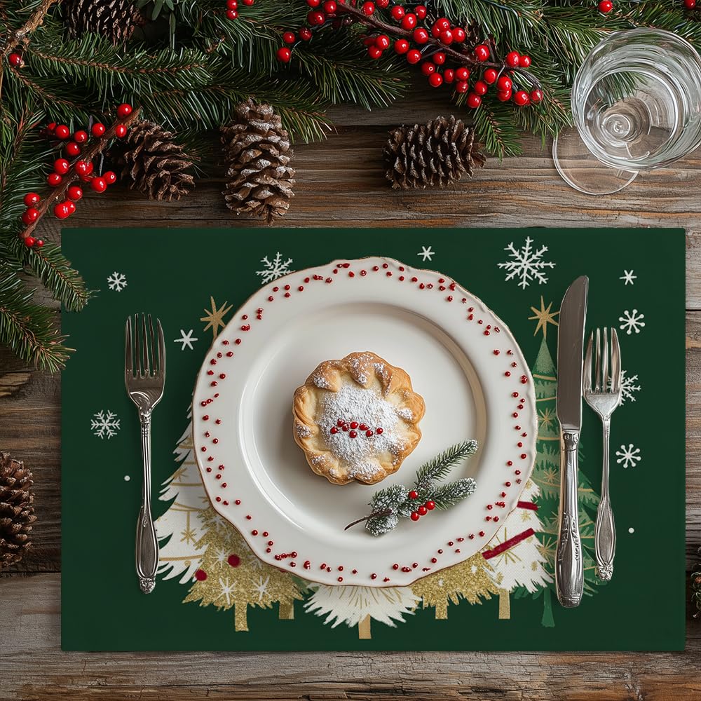 GEEORY Christmas Placemats 12x18 Inch Set of 4, Xmas Trees Snowflakes Winter Seasonal Holiday Farmhouse Kitchen Dining Table Decoration for Indoor Outdoor Dinner Party Décor (Green) GP127-18 GEEORY
