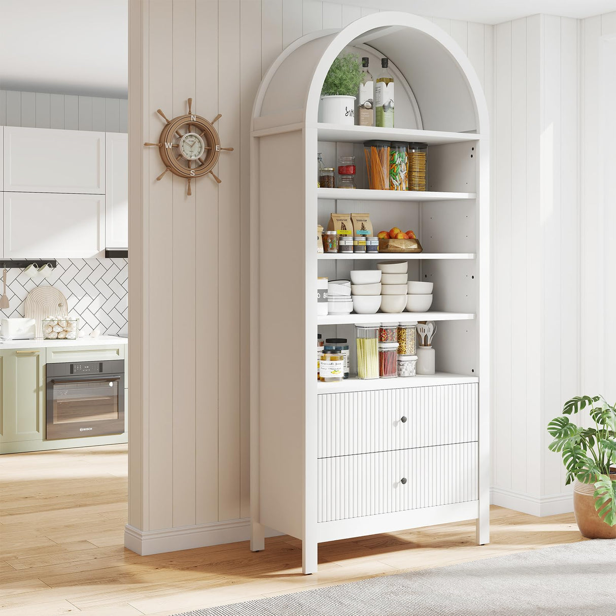 GOODONE 71" Tall Arched Bookcase - Arched Bookshelf with 2 Drawers & Adjustable Shelves, Tall Arched Storage Cabinet for Living Room, Kitchen,Home Office(White) GOODONE