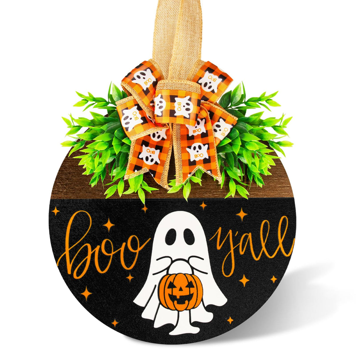 Halloween Wooden Welcome Sign for Front Door Hanging Spooky Ghost Boo Yall Sign with Bow Halloween Wooden Door Hangers Wreath for Farmhouse Home Window Outdoor Wall Party Decoration Supplies Denylo pro