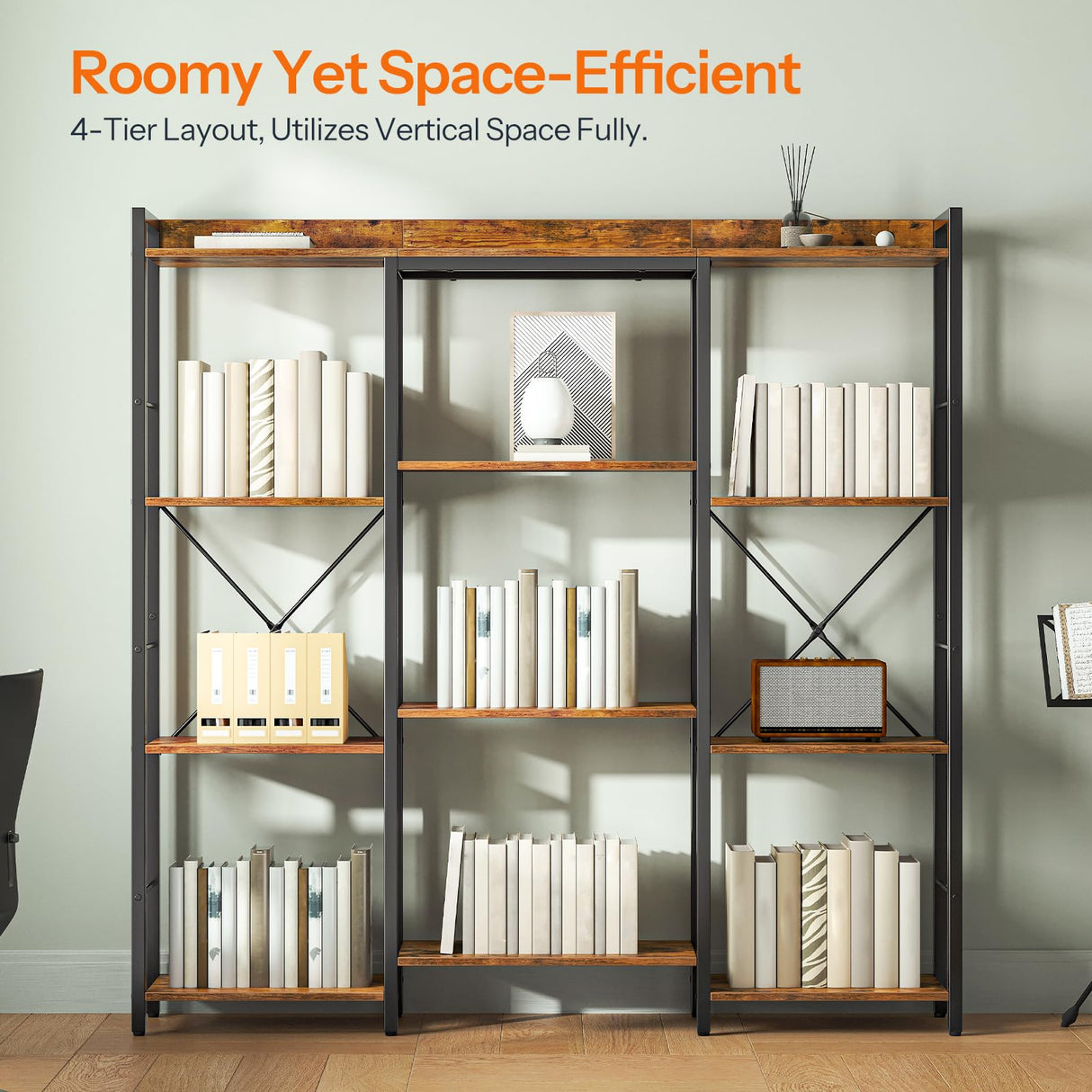 HOOBRO Triple 4-Tier Bookshelf, Bookcase with 10 Open Storage Display Shelves, Rustic Industrial Style Book Shelves, Wide Book Shelf for Living Room and Home Office, Rustic Brown and Black BF24SJ01 HOOBRO