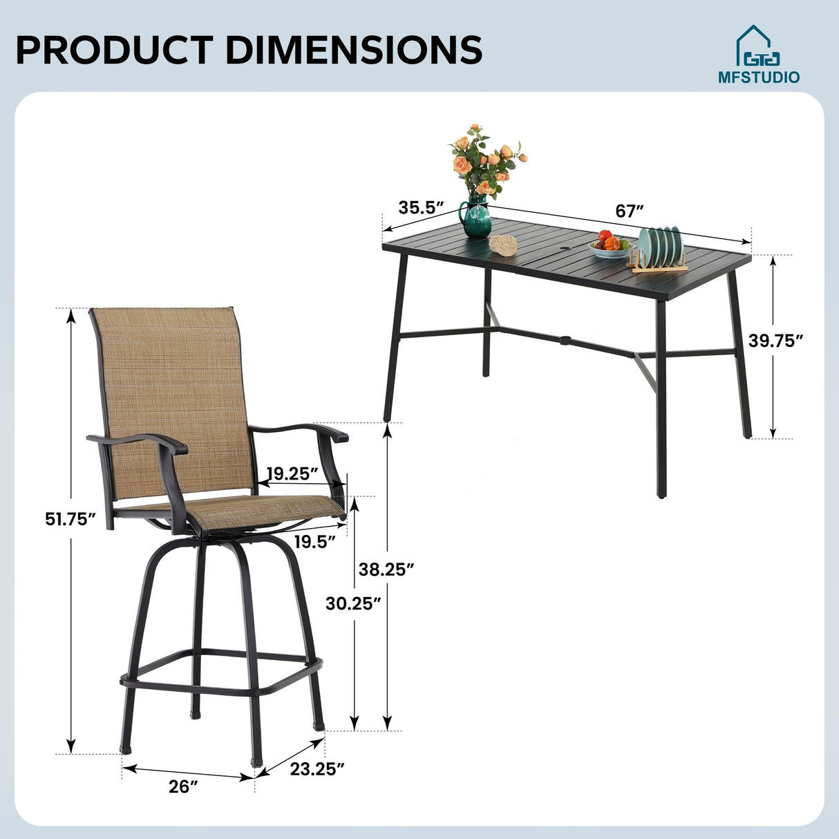 MFSTUDIO Patio Bar Set of 7, Outdoor Bar Height Table and Chairs, 1 x Heavy Duty Metal Slat High Top Bar Table with 6 x Swivel Outdoor Bar Stool, Breathable Textilene Fabric MFSTUDIO