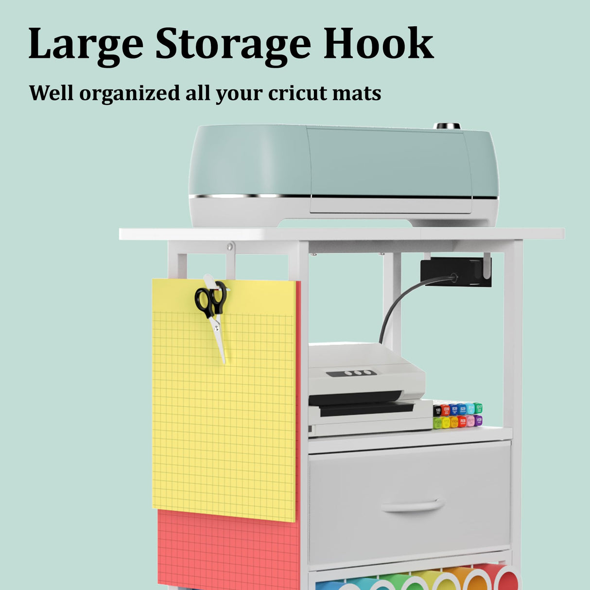 Rolling Craft Cart with Charging Station & Fabric Drawer, 24 Vinyl Roll Holders for Cricut, Organizers and Storage Compatible with Maker, Organization for Craft Room, White Jchccu