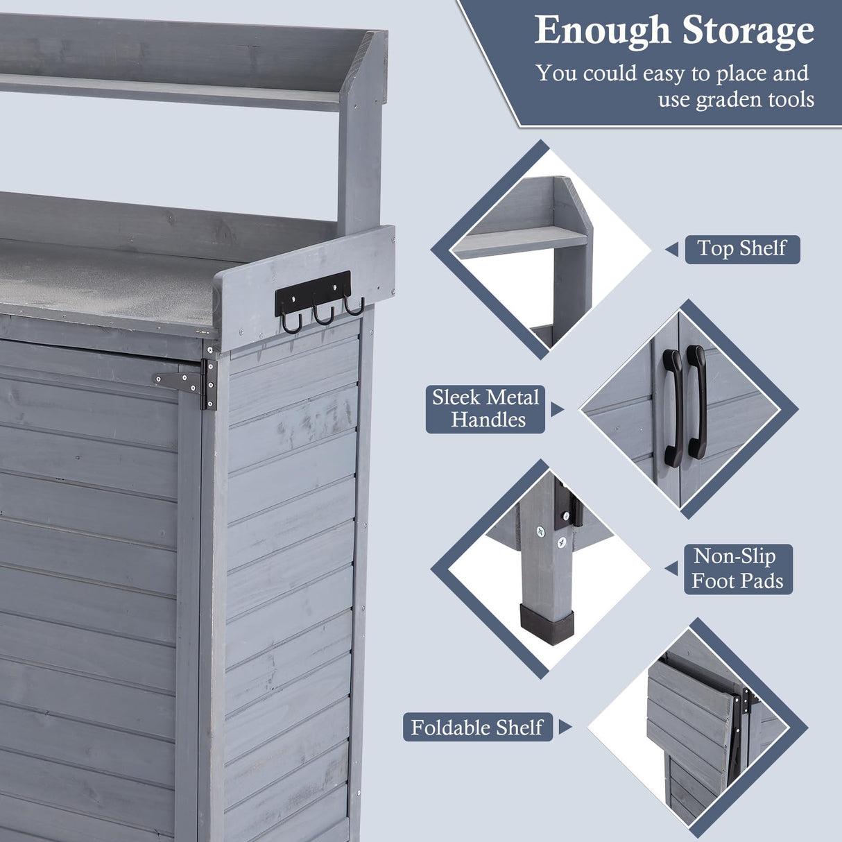 GarveeLife Garden Potting Bench Table, Outdoor Garden Horticultural Wooden Storage Cabinet, Solid Wood Planting Work Bench with Open Top, Metal Tabletop, Handy Hooks, Bench Table Cover GarveeLife
