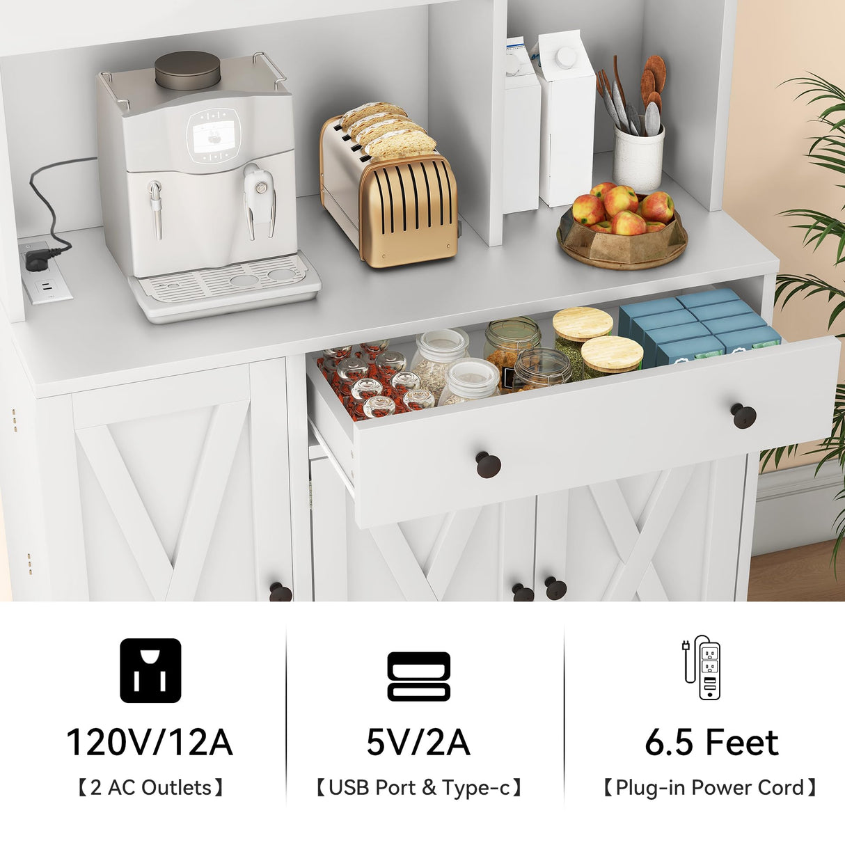 YITAHOME 71''H Kitchen Pantry Cabinet, Tall Cabinet with Drawer, Doors, Goblet Holder, Wine Rack & Power Outlet for Kitchen, Living Room (White) YITAHOME