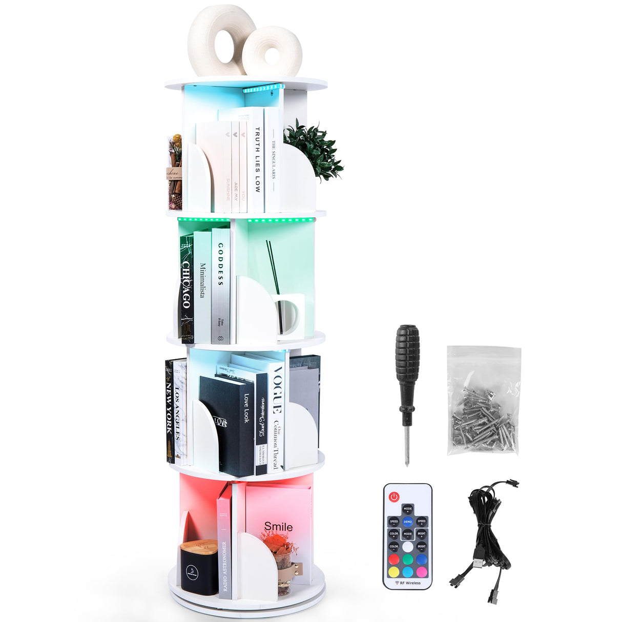 Luminous 4-Tier Revolving Bookshelf with LED Lights – Modern 360° Spinning Bookshelf Tower with Remote Control for Everyone | Space Saving Bookshelf Ideal for Any Room – Available in Black & White Generic