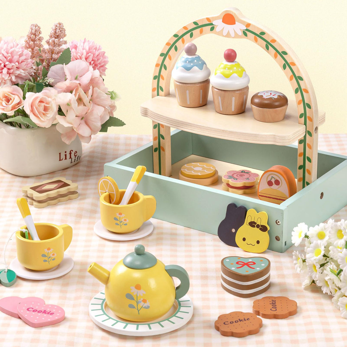 Toyssa Wooden Tea Party Set for Little Girls Toys Toddler Tea Set with Storage Cupcake Stand & Play Kitchen Accessories, Wooden Toys for Toddlers 2 3 4 5 6 Years Old, Birthday Kids Girls Gifts 1-3 Toyssa