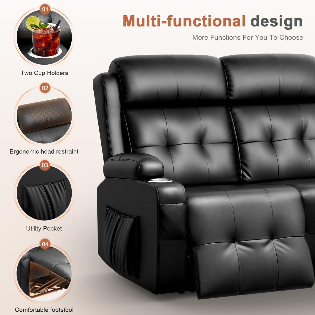 RV Loveseat Recliner Sofa, Oversized Massage Wall Hugger Recliners with Insert Pockets, Cup Holders, Reclining Couch, 150° Adjustable Recline & Padded Armrests, for RV Furniture (Black, Loveseat) Tiooii