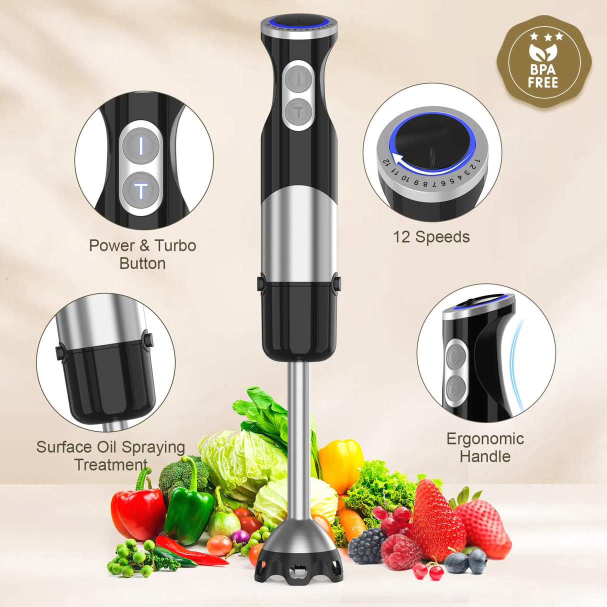 Immersion Blender 5 in 1 Handheld Blender - 1100W Scratch Resistant Blender Stick, 12 Speed and Turbo Boost Hand Blender with Chopper,Beaker,Whisk and Milk Frother for Milkshake Puree Smoothie Food CEUKOZ