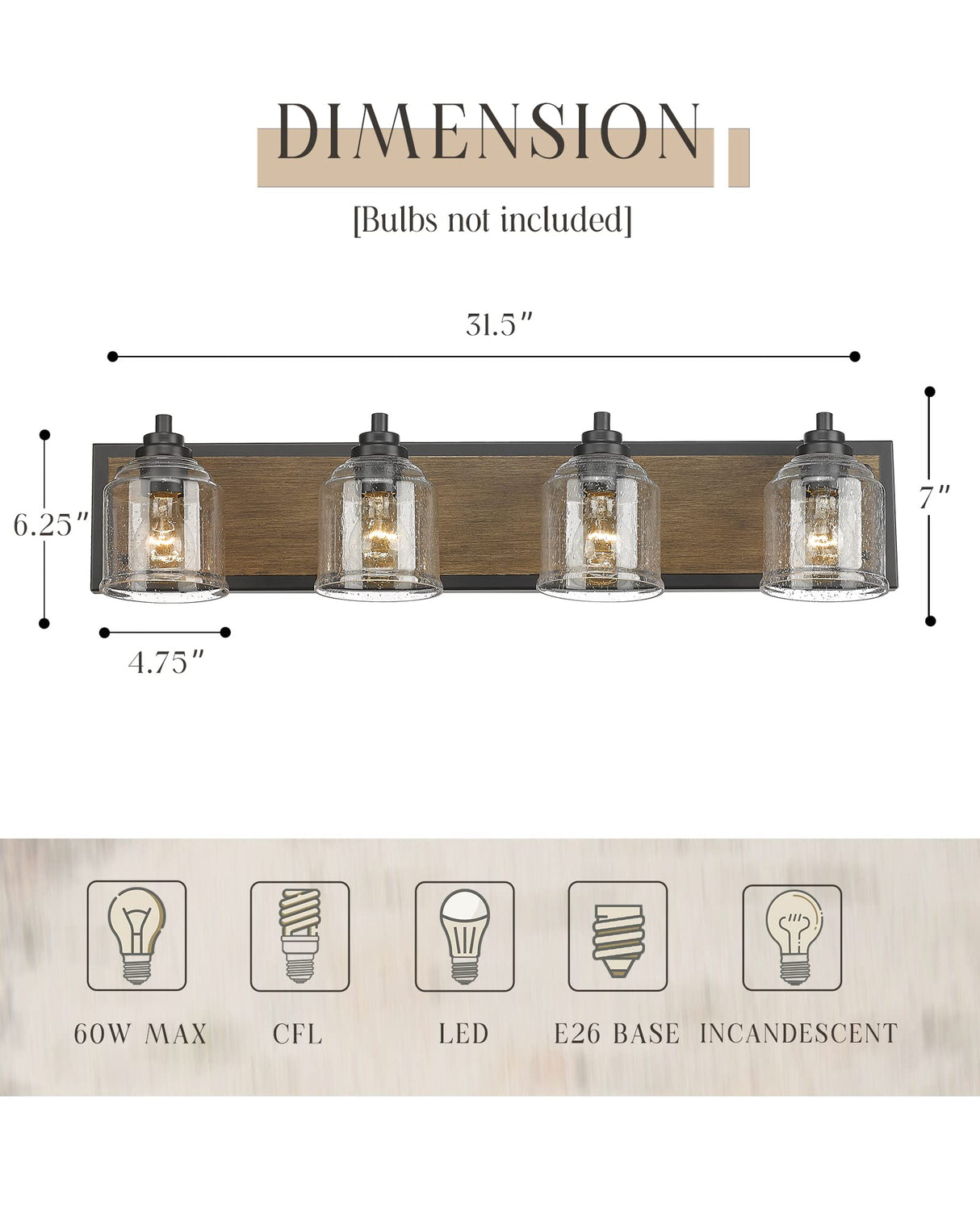 YKLITG 31.5 inch Farmhouse Bathroom Vanity Light Fixture, 4-Light Dark Wood Rustic Vanity Light with Seeded Glass Shades for Bathroom, Over Mirror, Living Room BD005-4-DW YKLITG