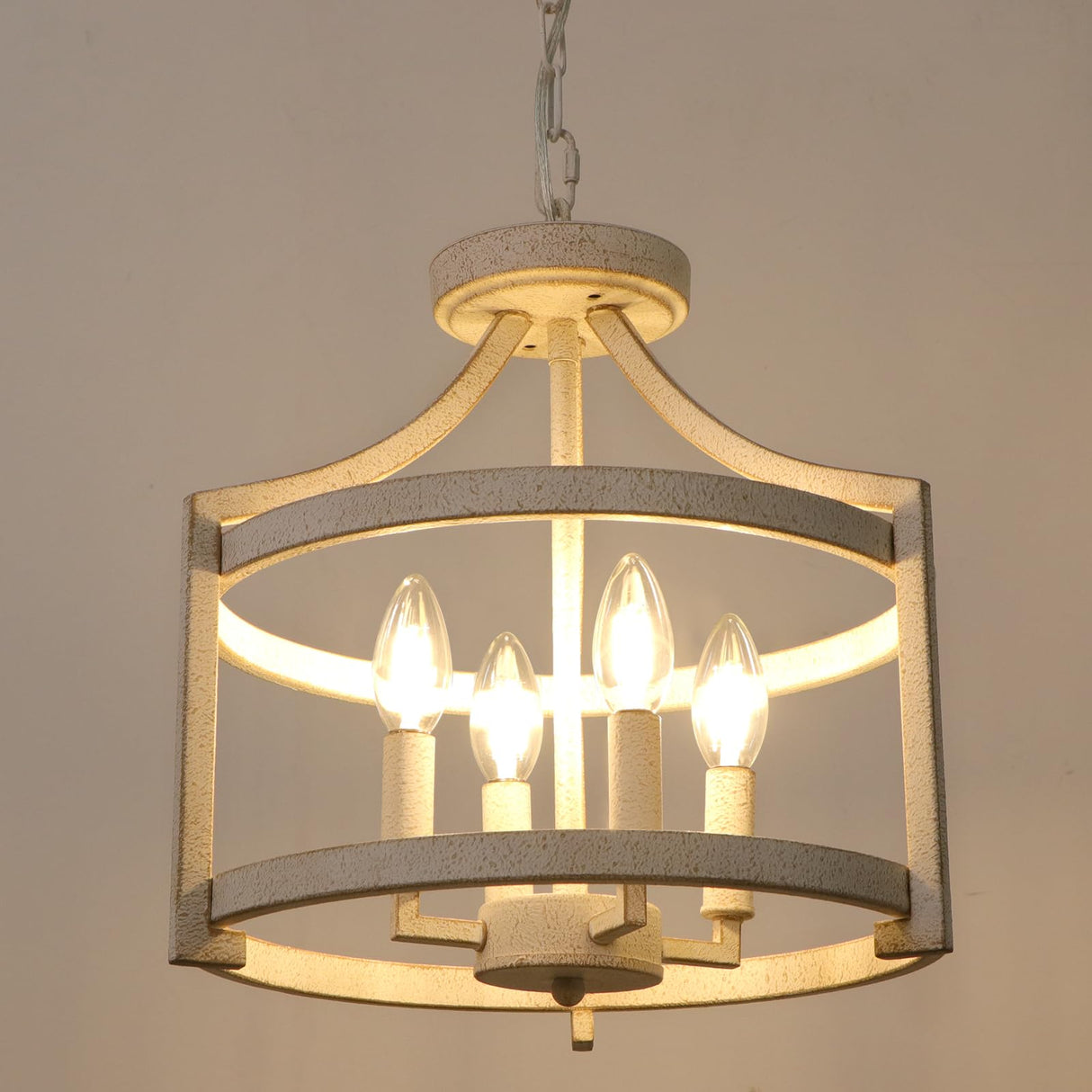 WBinDX 4-Light Farmhouse Chandelier, Distressed Hanging Pendant Lighting, Convertible Semi Flush Mount Ceiling Light Fixture Vintage White Metal Chandeliers for Dining Room Kitchen Foyer Entryway WBinDX