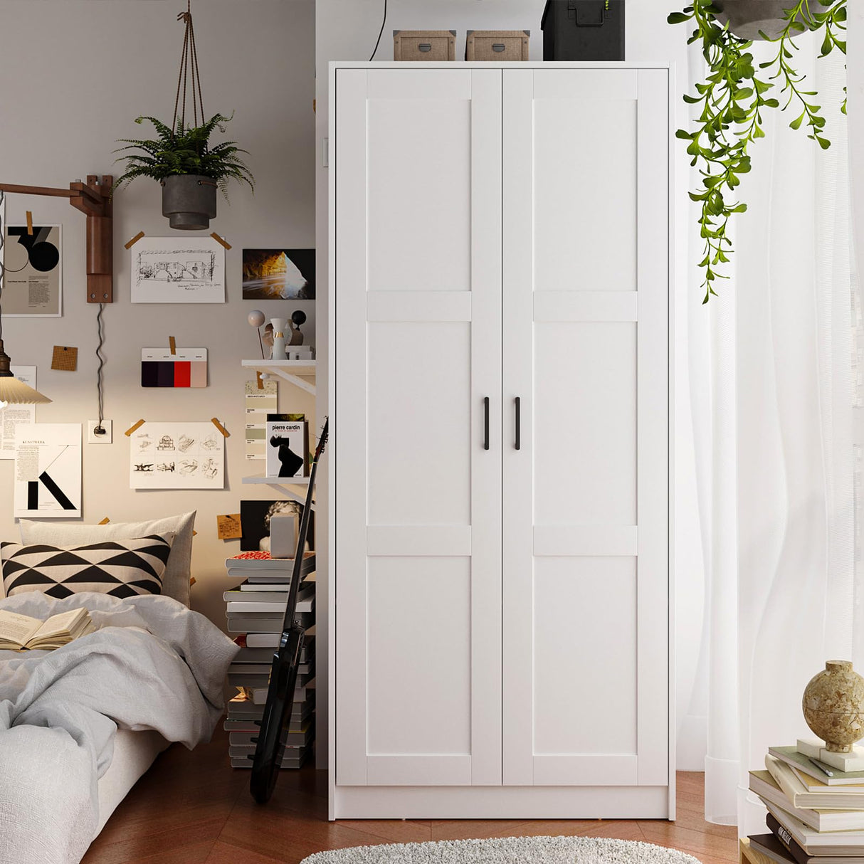 Fddevelop Fenghua Lizhi Wood White Wardrobe Closet with 2 Doors,Bedroom Freestanding Armoire Storage Cabinet with Shelves,Wooden Wardrobe Combination for Hanging Clothes Fenghua Lizhi