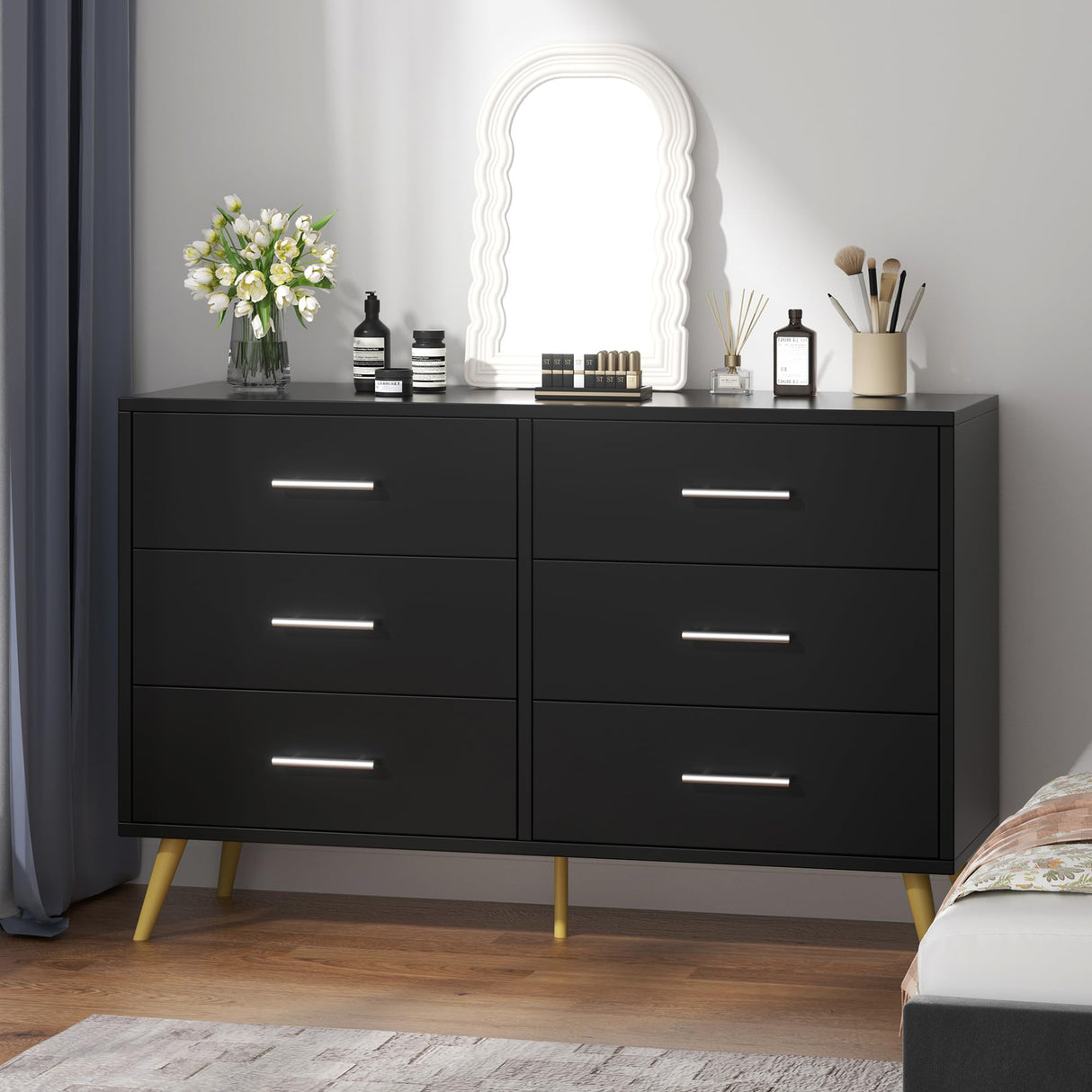 Shintenchi 6 Drawer Dresser, Wide Chest of Drawers Organizer Storage with Drawers, Large Storage Cabinet, Modern Design Dresser for Bedroom, Living Room, Porch, Black Shintenchi