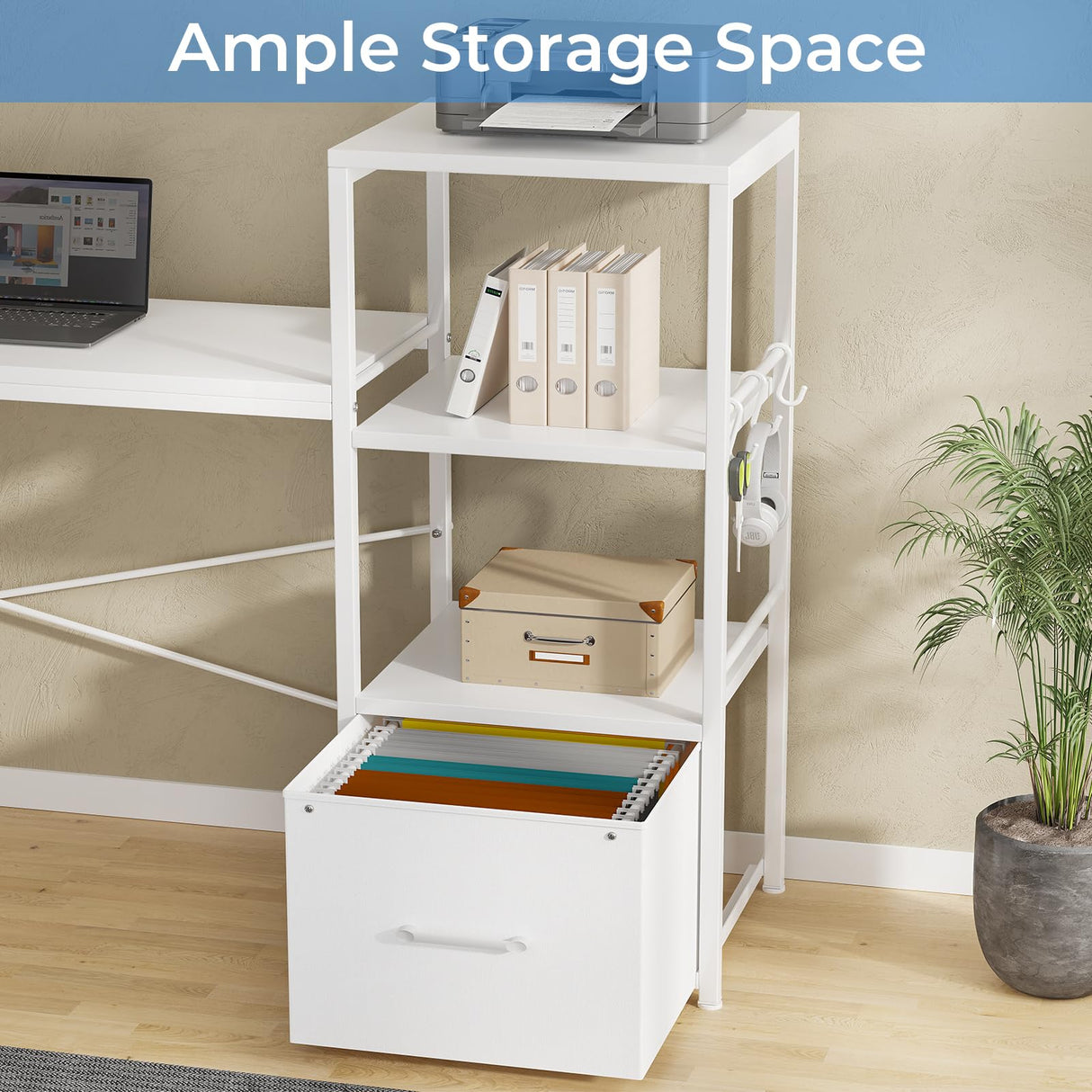 SEDETA White L Shaped Desk with Fabric Drawer, Reversible 51” Corner Desk with Storage Shelves, L Shaped Gaming Desk with LED Strip, Power Outlet and Monitor Shelf for Home Office SEDETA