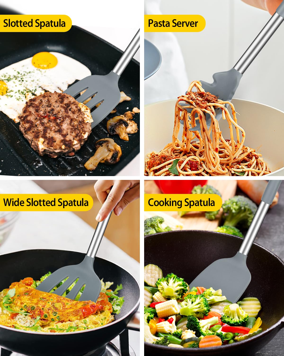 Silicone Cooking Utensil Set, 8Pcs Non-stick Cookware with Stainless Steel Handle, BPA Free Heat Resistant Kitchen Tools with Spatulas, Turnesr, Spoons, Skimer and Pasta Fork (GRAY) BUNDLEPRO