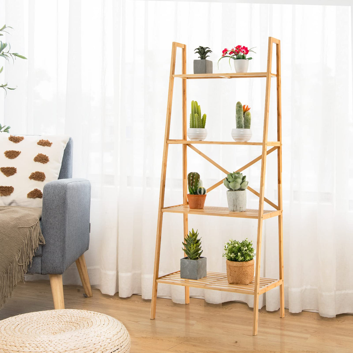 Giantex 4-Tier Bamboo Bookshelf, Multifunctional Storage Display Rack Shelves with Anti-Tipping Device, Natural Bamboo Ladder Shelf for Home Office Kitchen Bathroom Giantex