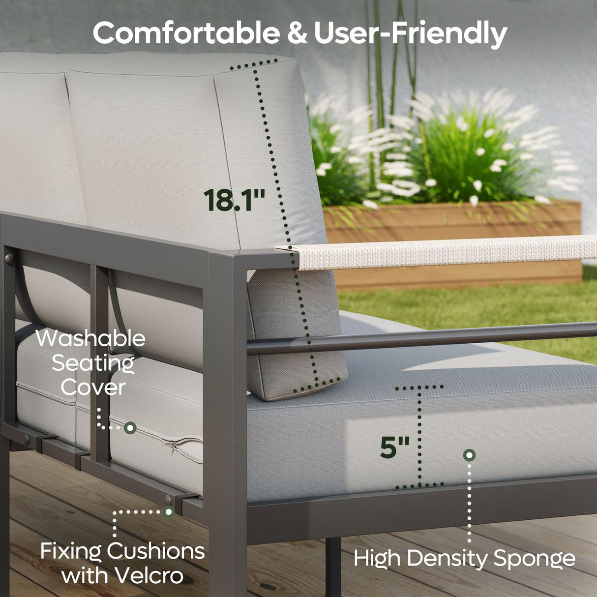 Bestier 4 Piece Aluminum Patio Furniture Set with Outdoor 3-Seater Sofa, Modern LED Patio Conversation Set with 5" Grey Cushions and Marble Texture Coffee Table for Balcony, and Backyard Bestier
