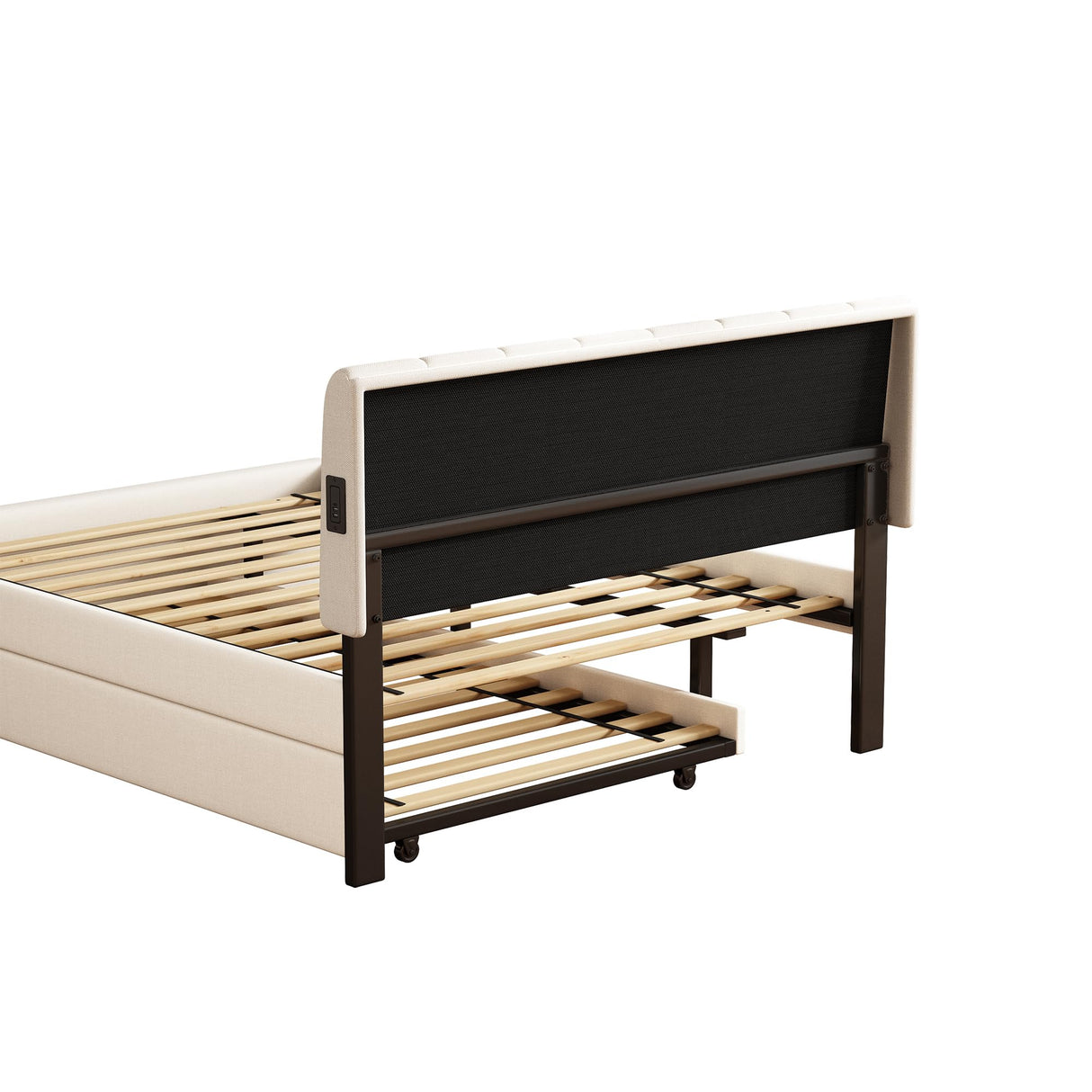 FAVSH Full Size Upholstered Platform Bed with Trundle and 1 Sets of USB, Chenille Fabric Solid Wood Bedframe w/Wood Slats & LED Lights with APP for Bedroom,Beige FAVSH