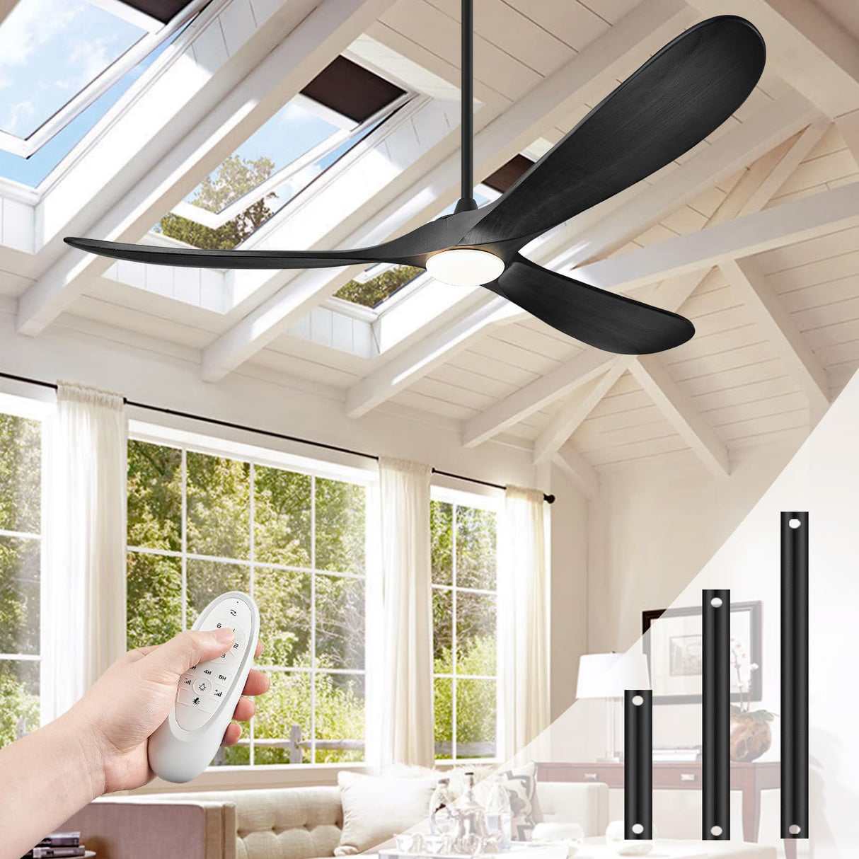 BOOSANT 72" Ceiling Fans with Lights and Remote Control, Outdoor Ceiling Fan with Lights High CFM Quiet 3 Blade Wood Walnut Ceiling Fan, Modern Propeller Ceiling Fan for Outdoor/Indoor,Matte Black BOOSANT