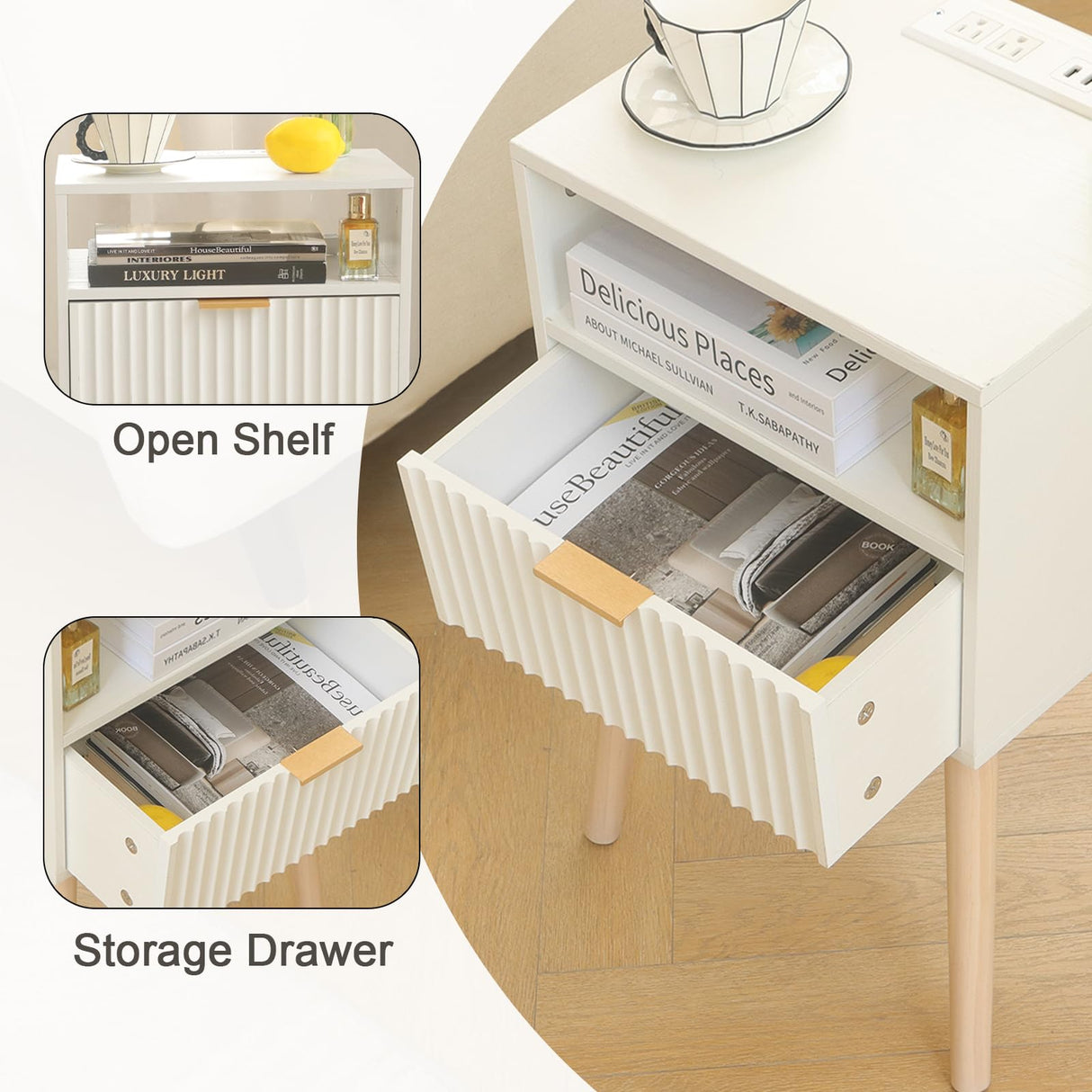 Fultyle White Nightstand with Charging Station, Modern Bedside Table with Drawer and Solid Wood Legs, Fluted End Side Table for Bedroom, Living Room, Small Space (White) Fultyle