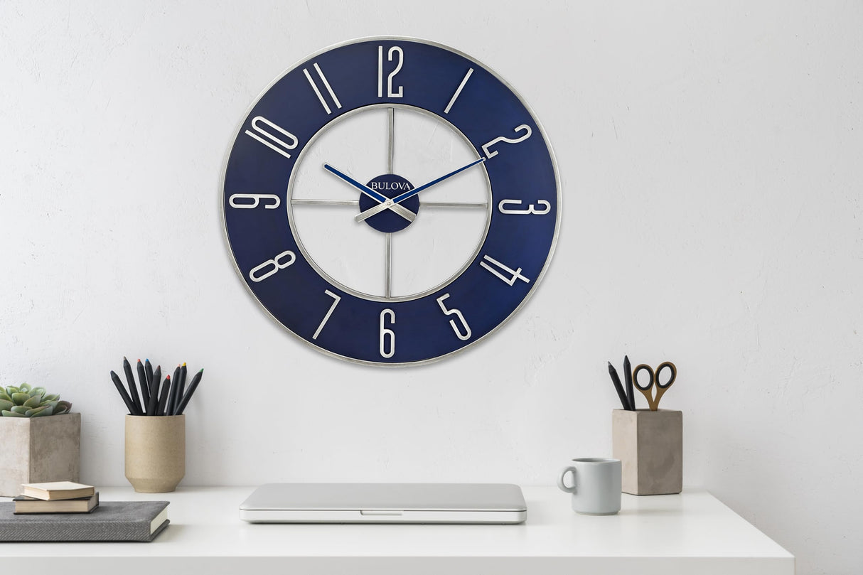 Bulova Steel Oversize Wall Clock, 27", Silver and Blue Bulova