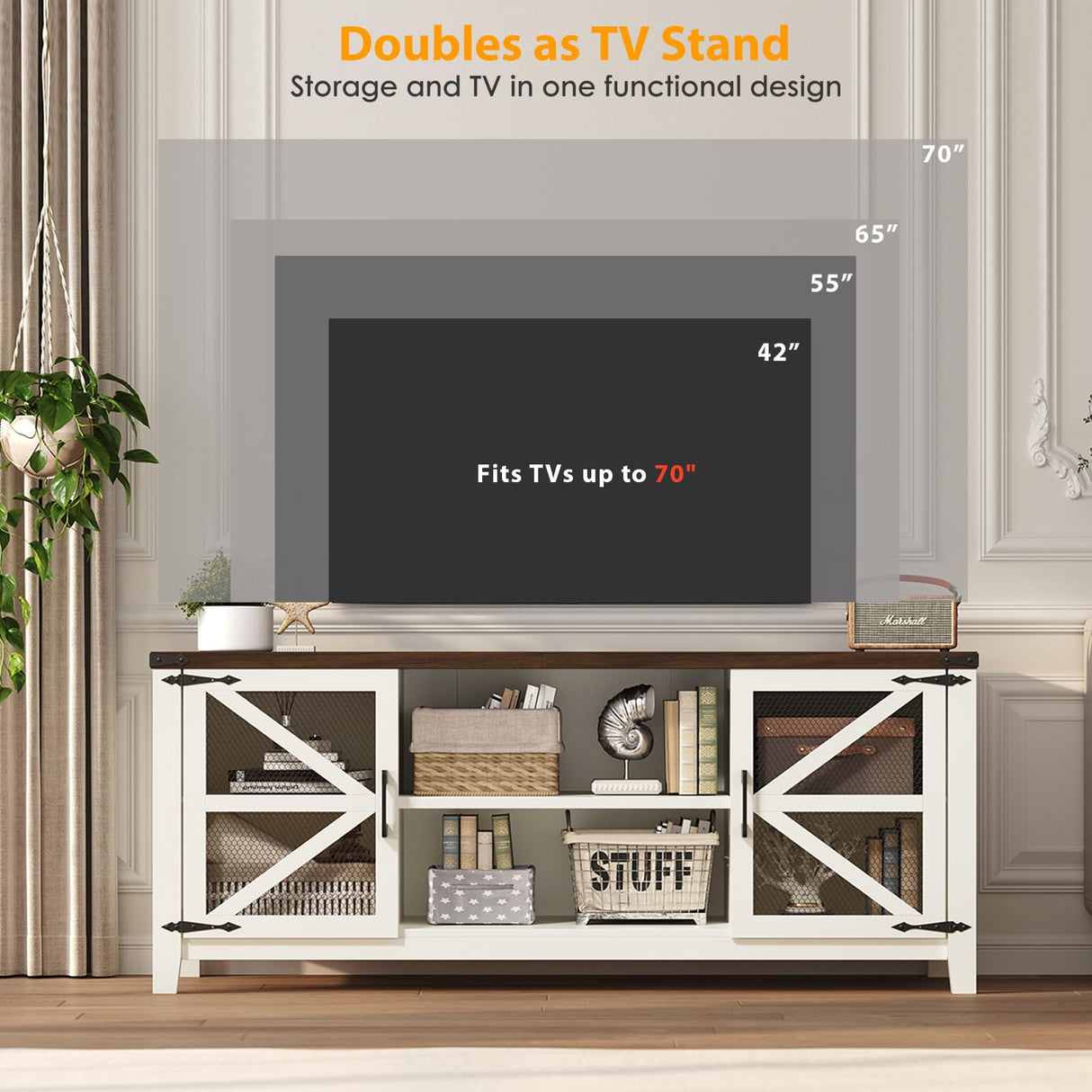 Algglobuy Modern Farmhouse Tv Stand for TVs up to 70 Inch, 58 Inch Entertainment Center with Iron Mesh Door & 2 Adjustable Shelves, Media TV Console Table for Living Room, White (White, 58 Inch) Algglobuy