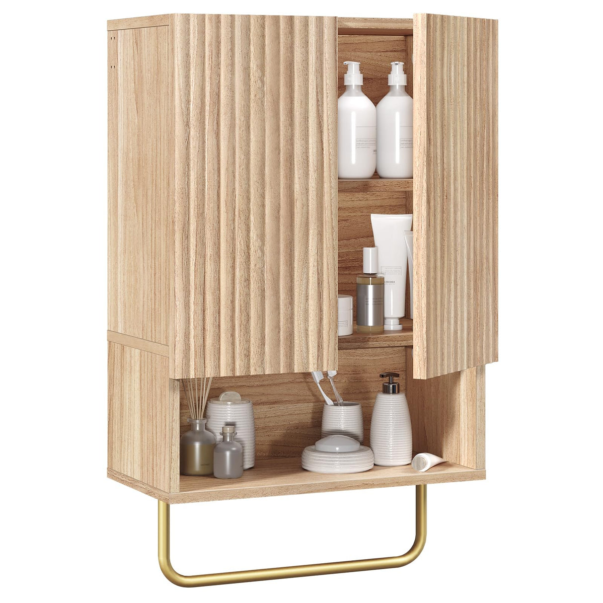 MAHANCRIS Bathroom Wall Cabinet, Wall Mounted Medicine Cabinets with Towel Bar & Adjustable Shelf, Over The Toilet Space Saver Storage Cabinet with 2 Doors, for Bathroom Laundry Room Kitchen, Natural MAHANCRIS