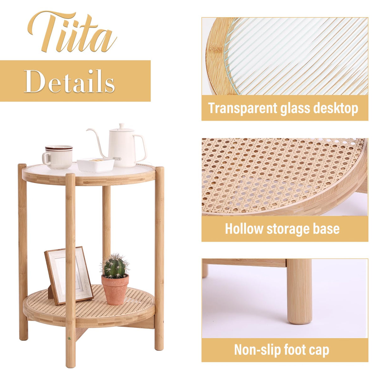 Tiita Rattan Nightstand Side Table, Bamboo Accent Bedside Tables, Glass Coffee Tables, Boho Wooden End Table with Storage for Small Space, Living Room and Bedroom Tiita